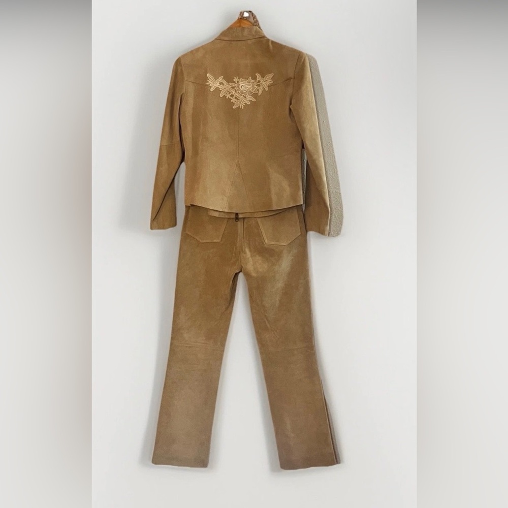 Tan Cream Leather Suede Jacket Pants set Lace zippers pants pockets by Together